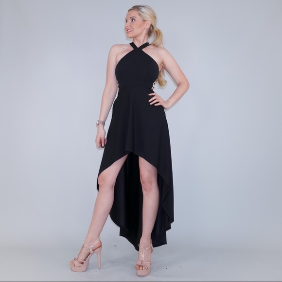 Black Halter High Low Dress with Rhinestones - Picture 10 of 16